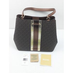 Michael Kors‎ Pratt Medium Tote Bag Brown MK Signature Stripe Gold Shoulder